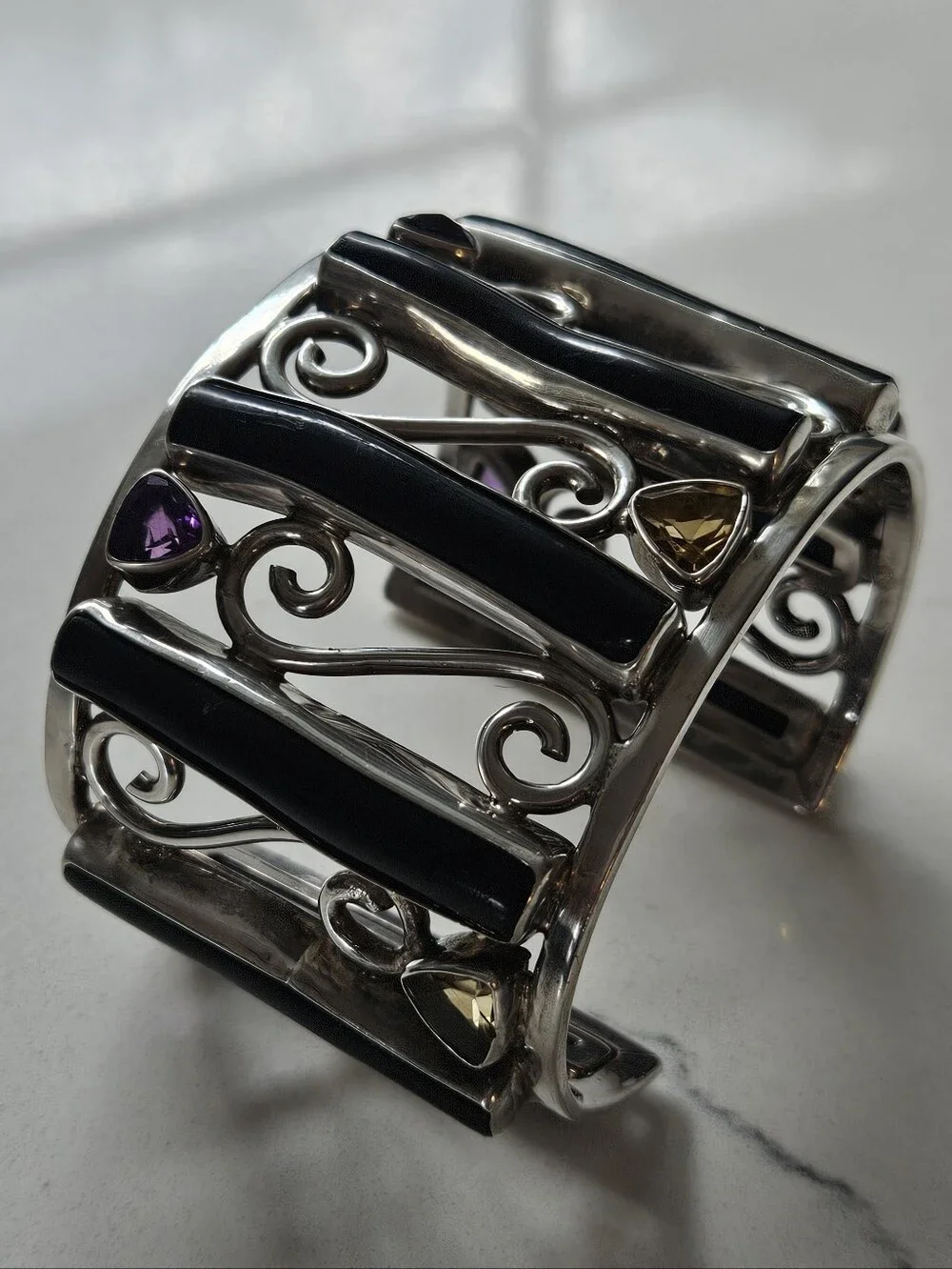 Charles Albert Fine Sterling Silver Black Coral Amethyst Citrine Cuff Bracelet